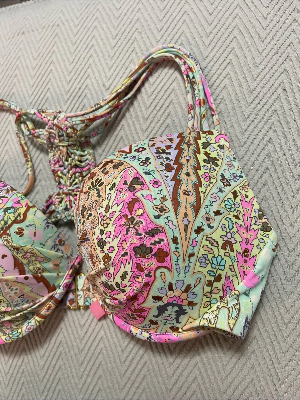 Victoria's Secret Paisley Bikini Top - Pink, Mint, Brown 32 DD copper shimmer